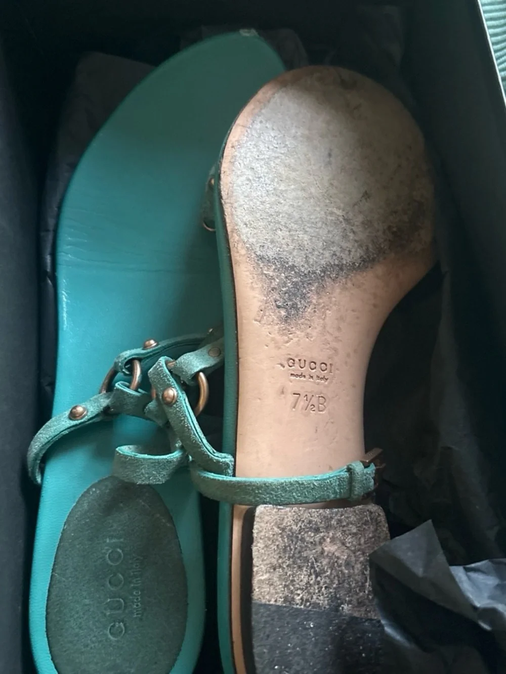 Gucci Teal Suede Women's Sandals with Gold-Tone Detail